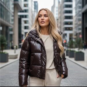 Noize Coco Women's Glossy Chocolate Brown Puffer Quilted Jacket Cropped MSRP 140